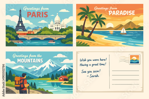 Travel postcards: paris, paradise beach, mountain adventure, vacation greetings