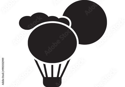Balloon hot air icon with cloud and round shapes in black silhouette, minimal flat pictogram isolated on white background for travel, adventure, and aviation design