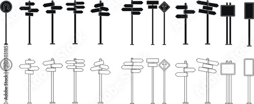 Road Direction Signpost Icon Set with Black Silhouette and Outline Styles Isolated on White Background for Navigation, Travel, and Wayfinding Design