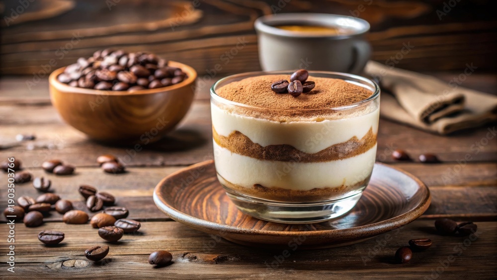custom made wallpaper toronto digitalA delectable layered dessert in a glass, garnished with cocoa powder and coffee beans, presented on a rustic wooden table with a bowl of coffee beans and a cup of coffee in the background