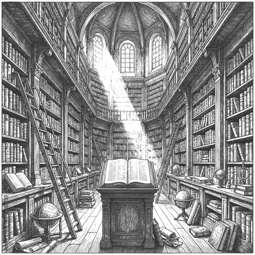  majestic library with towering bookshelves, ladders, globes, scrolls, and a large open book sketch engraving generative ai fictional character vector illustration. Scratch board. Black and white.