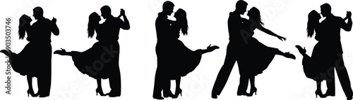 Romantic Dancing Couple Silhouette Set Featuring Elegant Partner Dance Poses, Ballroom And Latin Style Figures In Black And White For Love And Event Designs