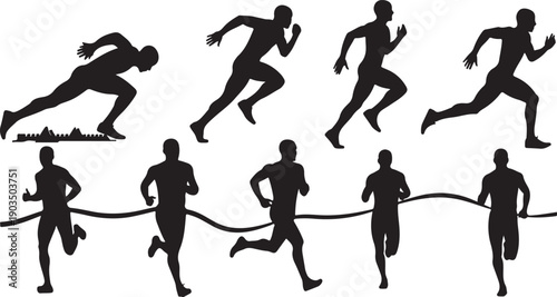 Silhouettes of runners in various sprinting and jumping positions