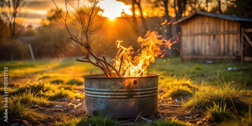 Wallpaper Mural Warm Sunset Embraces a Rustic Fire Burning Brightly in a Metal Container Outdoors Torontodigital.ca