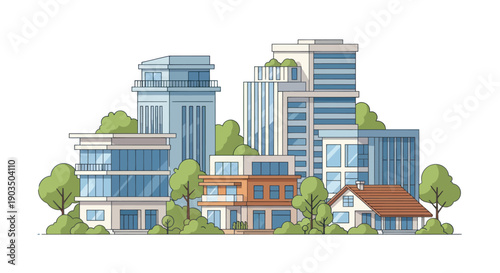 Modern Cityscape Illustration: Diverse Buildings, Trees, and Greenery