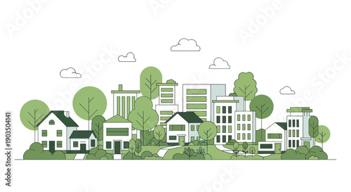 Flat illustration of a modern eco-friendly city skyline with green trees and buildings.