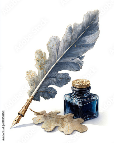 Quill pen with intricate details rests beside ink pot, accompanied by oak leaves, creating vintage and artistic atmosphere. scene evokes sense of nostalgia and creativity