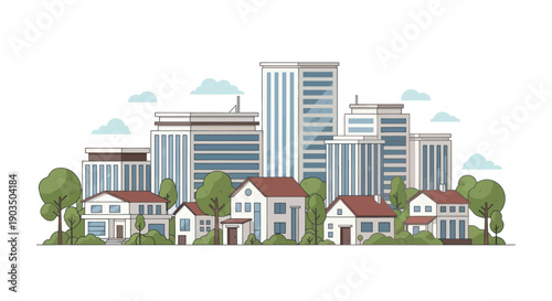Flat illustration of a modern city skyline with residential houses and trees.