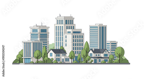 Modern Cityscape Illustration: Diverse Buildings, Greenery, White Background