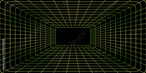 Futuristic 3D grid tunnel with yellowish green lines on a black background, creating a deep, immersive perspective effect ideal for sci-fi, tech, or retro designs.