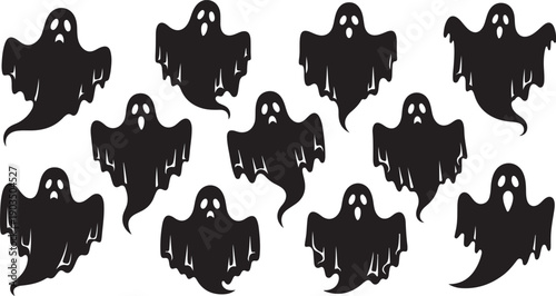 Black ghost silhouettes on white background for Halloween designs