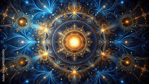 Celestial Mandala An Intricate Tapestry of Golden and Azure Hues, Illuminated by Radiant Inner Light and Surrounded by a Symphony of Sparkling Dust