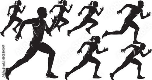 Silhouettes of runners in various dynamic sprinting positions depicted