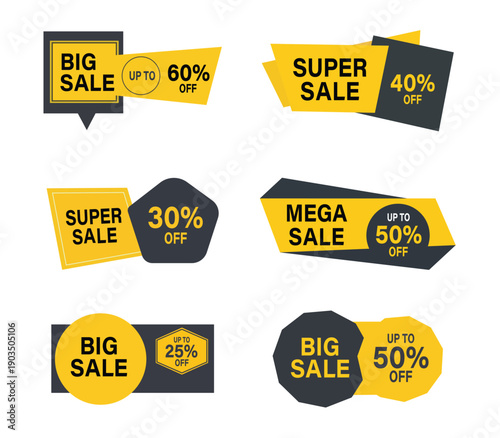 Modern yellow and black big sale banners and discount badges for digital marketing and retail promotions