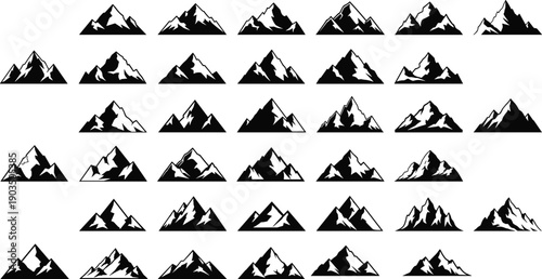 Collection of minimalist mountain icons and silhouettes in black and white, alpine peaks illustration set for nature, hiking, outdoor adventure, and logo design