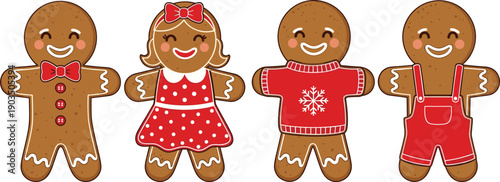 Cute gingerbread cookie character set in festive outfits, smiling Christmas biscuits illustration perfect for holiday cards, kids designs, seasonal branding, and cheerful winter graphics