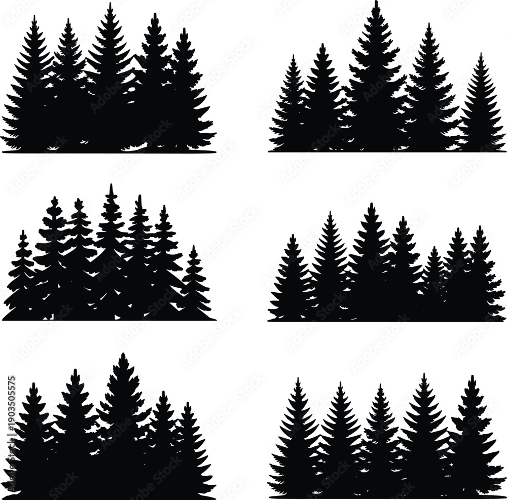 Fototapeta premium Black silhouette vector illustration of multiple pine tree groups arranged in rows representing forest, nature, wilderness, landscape, and outdoor scenery