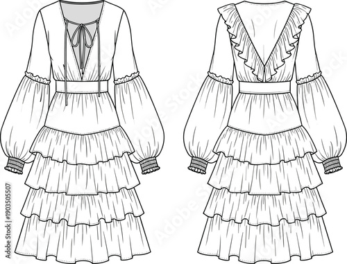 Technical fashion illustration of women’s ruffled midi dress with deep V neckline, long puff sleeves, layered skirt, front and back views