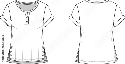 Technical fashion illustration of women’s short sleeve henley T shirt with button placket, side slits, rolled cuffs, flat sketch views