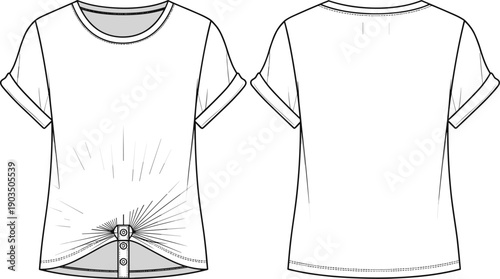 Technical fashion illustration of women’s short sleeve T shirt with button detail hem, rolled cuffs, casual top, flat sketch views