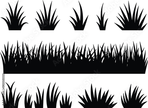 Quadro em tela Black silhouette vector illustration of grass clumps and lawn strips with natura
