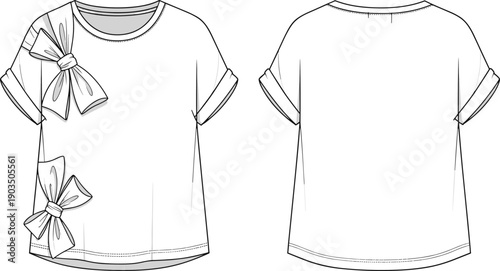 Technical fashion illustration of women’s short sleeve T shirt with decorative bow details, rolled cuffs, casual feminine top, front back views