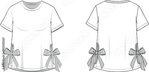 Technical fashion illustration of women’s short sleeve t shirt with side bow ties, casual feminine top, front and back views