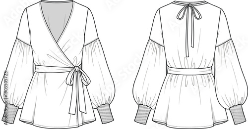 Technical fashion illustration of women’s wrap blouse with V neck, long puff sleeves, waist tie belt, flat sketch front back view