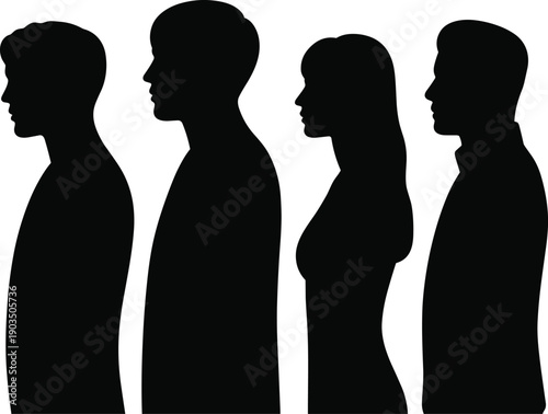Minimalist black silhouettes of diverse people standing together side by side facing left, symbolizing unity, diversity, teamwork, equality, community