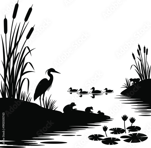 Serene pond wildlife silhouette illustration with ducks, frogs, heron, raccoons, cattails, lily pads, water lilies, birds, and natural wetland background