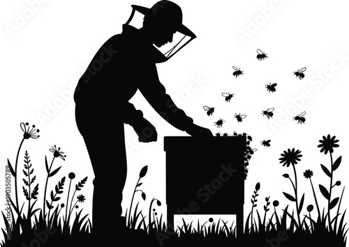 Silhouette beekeeper tending hive with protective gear, flying bees, flowers, grass, nature environment, pollination, honey production vector illustration