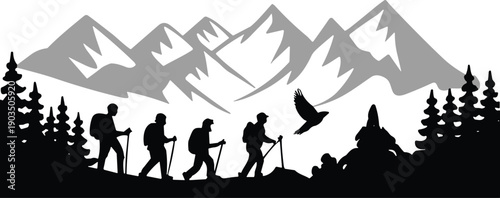 Silhouette hikers walking through forest mountain landscape with pine trees, backpacks, bird flying overhead, adventure exploration outdoors vector illustration
