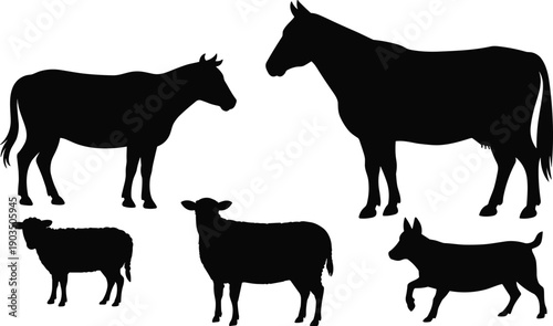Silhouette farm animals cow horse sheep goat donkey vector illustration profile view agriculture livestock rural education agricultural study design