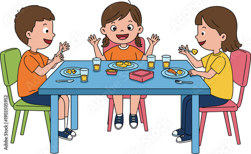 Happy children eating lunch together at table, smiling kids, food sharing, mealtime illustration, group dining, fun, colorful, cartoon scene