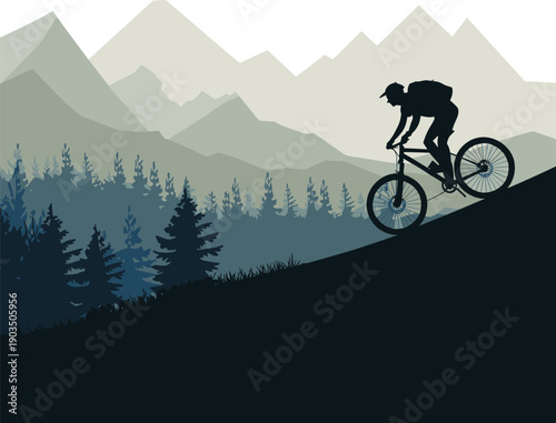 Silhouette mountain biker riding downhill adventure with backpack on scenic forest slope, layered pine trees and distant mountain ranges illustration