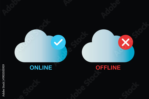 Cloud online and offline status icons for internet connection vector. Internet connection status icon set. Online and Offline Internet Connection Icon set. showing online, offline, no signal connected