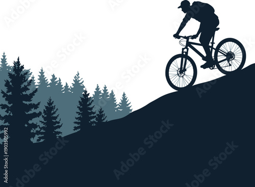 Silhouette mountain biker riding uphill trail with forest background, outdoor adventure cycling illustration emphasizing nature, sport, fitness, exploration, challenge
