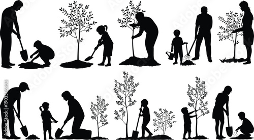Silhouette people planting trees with children watering plants, teamwork gardening scene promoting environmental care, sustainability, education, and community nature illustration vector