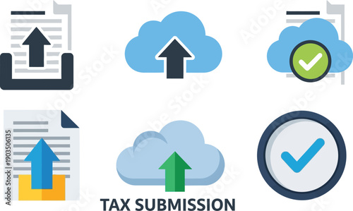 Cloud-based tax submission icons, illustrating digital data upload and successful completion for online financial filing