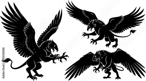 Mythical creatures in flight, griffins soaring through the air, vector illustrations showcasing mythological beasts in various poses and actions