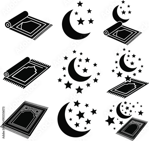 Vector Icons of Islamic Prayer Rugs and Crescent Moon with Stars, Symbolizing Ramadan and Eid Celebrations