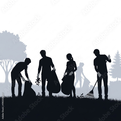 Group of people cleaning up trash in a park with trees and grass, viewed from a slight distance.
