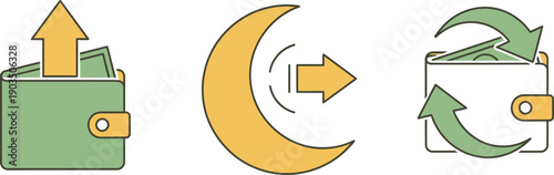 Financial Transactions and Money Management Icons representing wallet and earnings, moon phase symbol, and money exchange and income flow