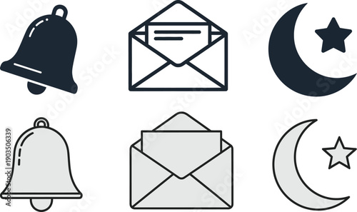 Set of two different notification bells, envelopes and moons with stars icons representing alerts, communication and celestial bodies in a simple graphic style