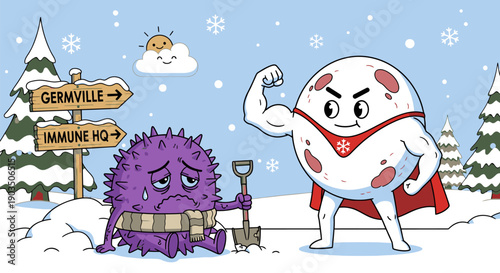 Cartoon Superhero and Virus in Snow.