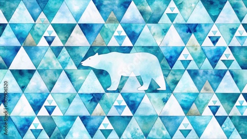 Serene Polar Bear Silhouette on a Geometric Watercolor Background of Teal and Blue Triangles