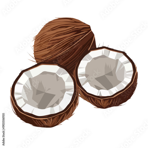Three whole coconuts with one cut open to reveal the white inner flesh and liquid isolated on white background, Vector, illustration