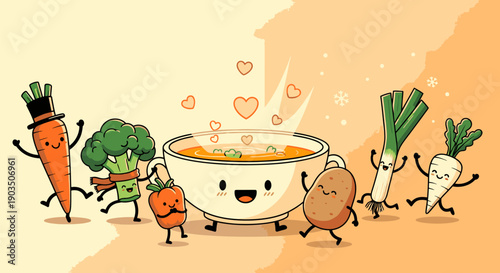 Cartoon Vegetables and Soup Bowl Characters.