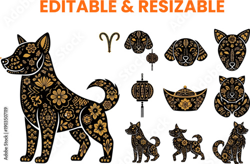 Chinese year of dog collection with various floral patterned canine silhouettes and lanterns