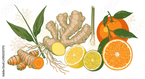 Turmeric Root Ginger Lemons and Oranges.